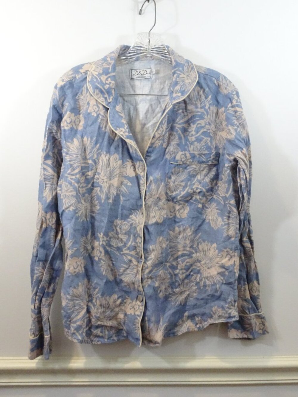 Desmond & Dempsey Tropical Foliage Blue Pajama Shirt Size S 100% Linen